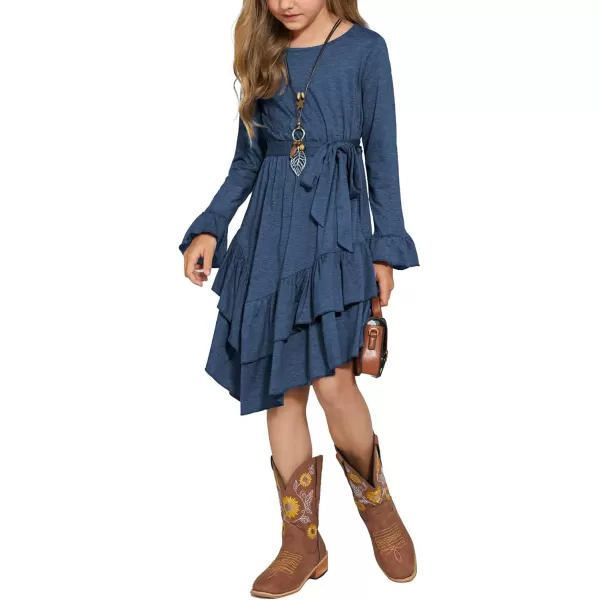Arshiner Girls Dresses Loose Plain Casual Ruffle Swing Midi Dress with Belt for 5-14 Years