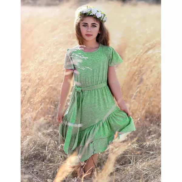 Arshiner Girls Dresses Loose Plain Casual Ruffle Swing Midi Dress with Belt for 5-14 Years
