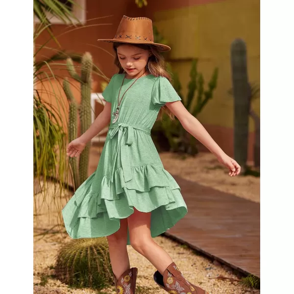 Arshiner Girls Dresses Loose Plain Casual Ruffle Swing Midi Dress with Belt for 5-14 Years