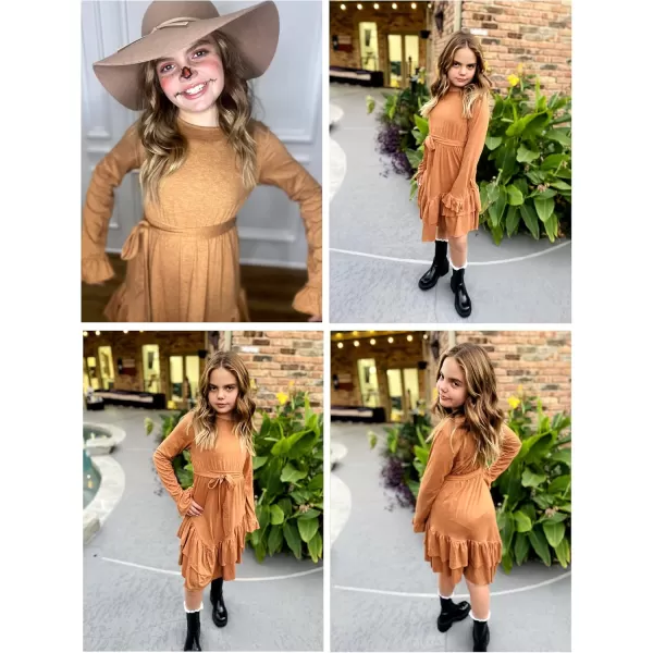 Arshiner Girls Dresses Loose Plain Casual Ruffle Swing Midi Dress with Belt for 5-14 Years