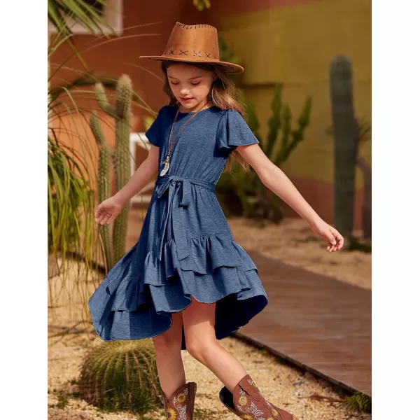 Arshiner Girls Dresses Loose Plain Casual Ruffle Swing Midi Dress with Belt for 5-14 Years