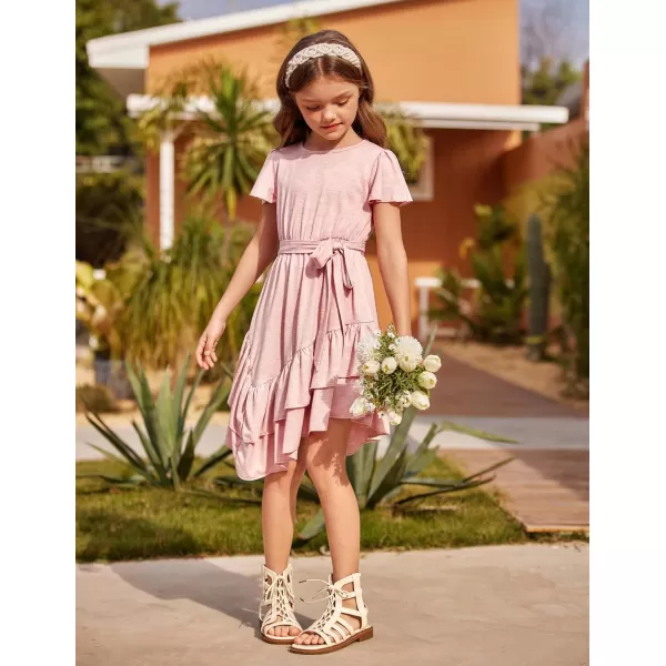 Arshiner Girls Dresses Loose Plain Casual Ruffle Swing Midi Dress with Belt for 5-14 Years