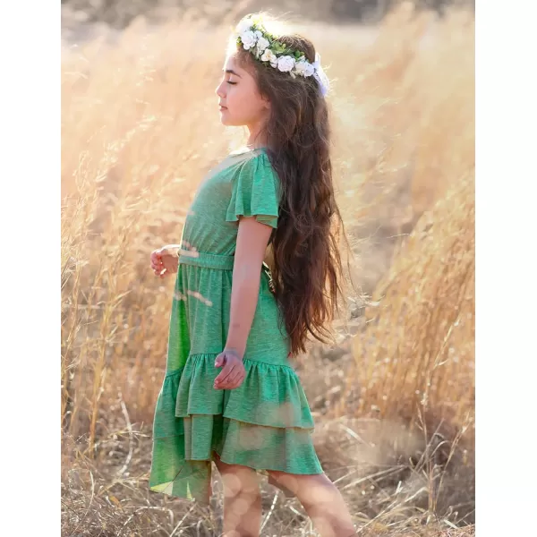 Arshiner Girls Dresses Loose Plain Casual Ruffle Swing Midi Dress with Belt for 5-14 Years