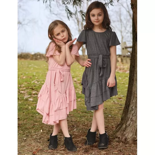 Arshiner Girls Dresses Loose Plain Casual Ruffle Swing Midi Dress with Belt for 5-14 Years