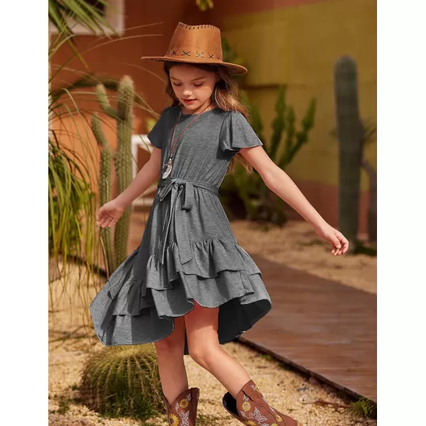 Arshiner Girls Dresses Loose Plain Casual Ruffle Swing Midi Dress with Belt for 5-14 Years