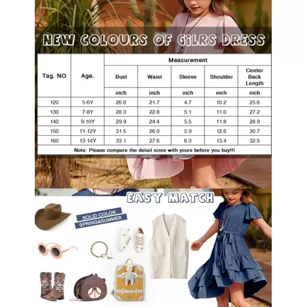 Arshiner Girls Dresses Loose Plain Casual Ruffle Swing Midi Dress with Belt for 5-14 Years