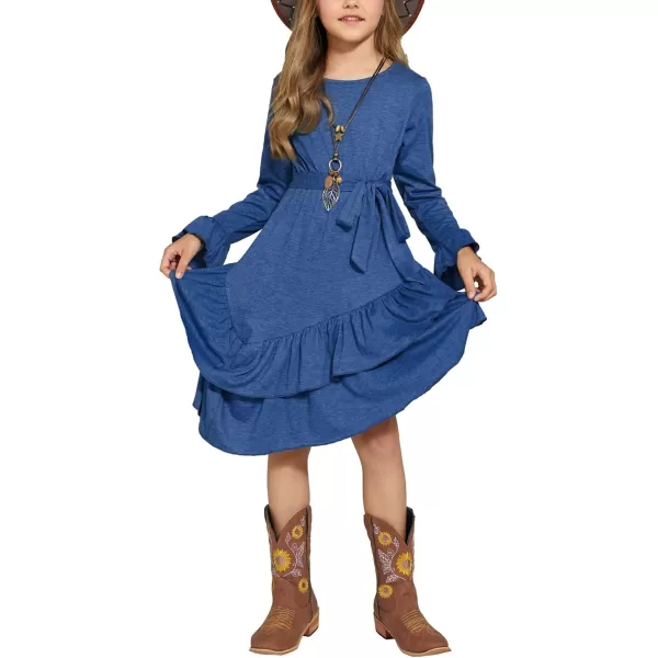 Arshiner Girls Dresses Loose Plain Casual Ruffle Swing Midi Dress with Belt for 5-14 Years