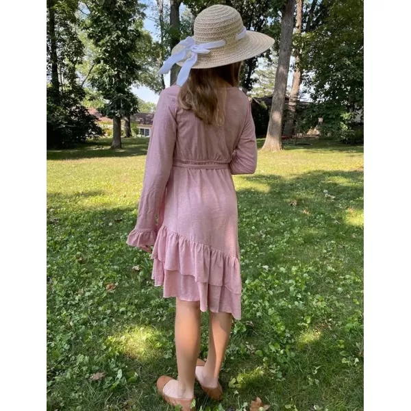 Arshiner Girls Dresses Loose Plain Casual Ruffle Swing Midi Dress with Belt for 5-14 Years