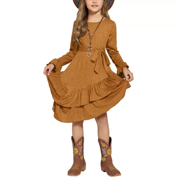 Arshiner Girls Dresses Loose Plain Casual Ruffle Swing Midi Dress with Belt for 5-14 Years