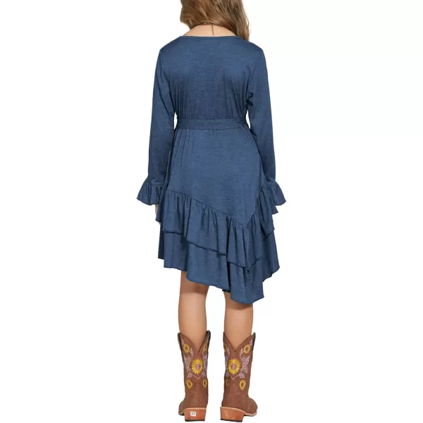 Arshiner Girls Dresses Loose Plain Casual Ruffle Swing Midi Dress with Belt for 5-14 Years