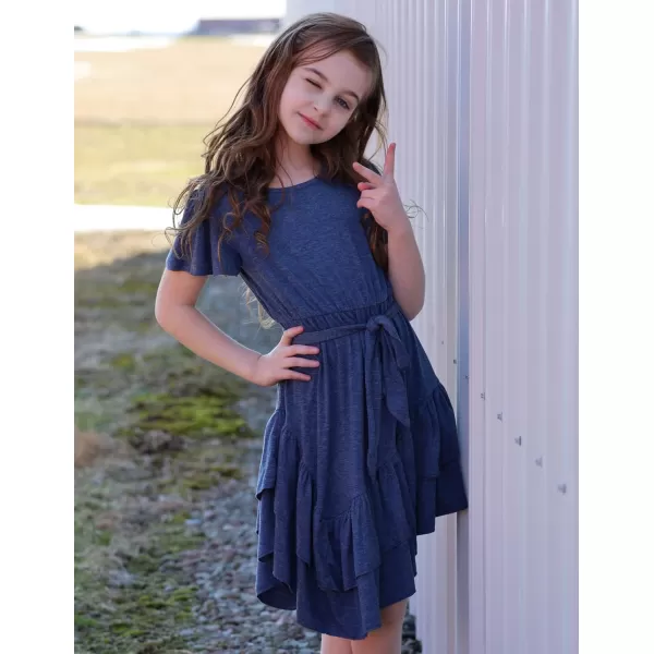 Arshiner Girls Dresses Loose Plain Casual Ruffle Swing Midi Dress with Belt for 5-14 Years