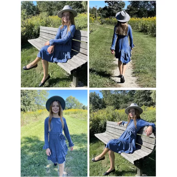 Arshiner Girls Dresses Loose Plain Casual Ruffle Swing Midi Dress with Belt for 5-14 Years