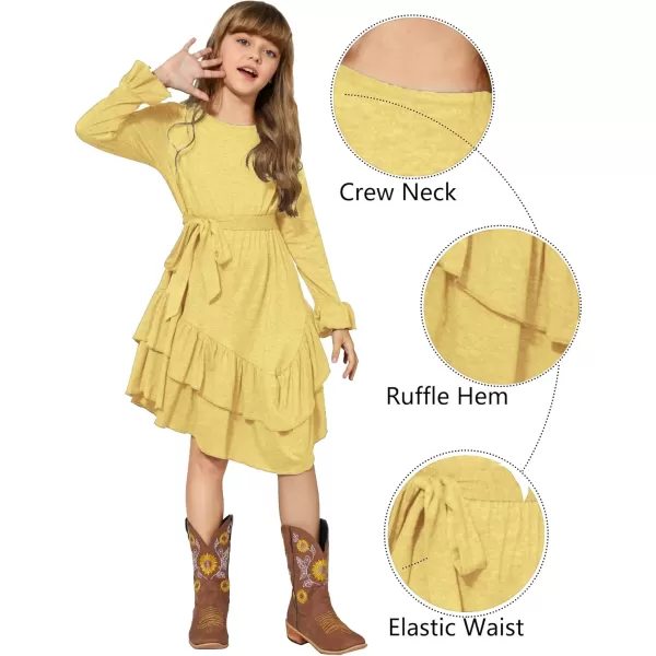 Arshiner Girls Dresses Loose Plain Casual Ruffle Swing Midi Dress with Belt for 5-14 Years