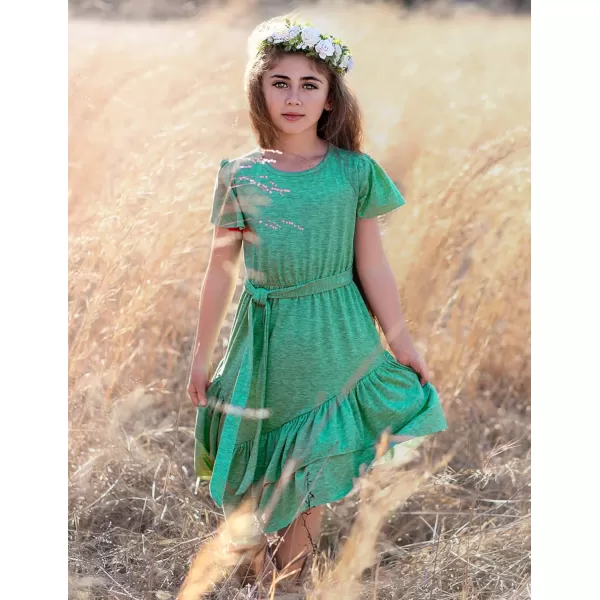 Arshiner Girls Dresses Loose Plain Casual Ruffle Swing Midi Dress with Belt for 5-14 Years