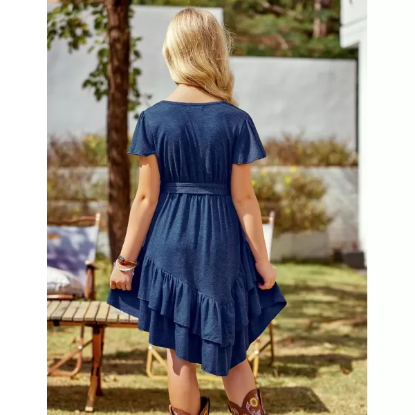 Arshiner Girls Dresses Loose Plain Casual Ruffle Swing Midi Dress with Belt for 5-14 Years