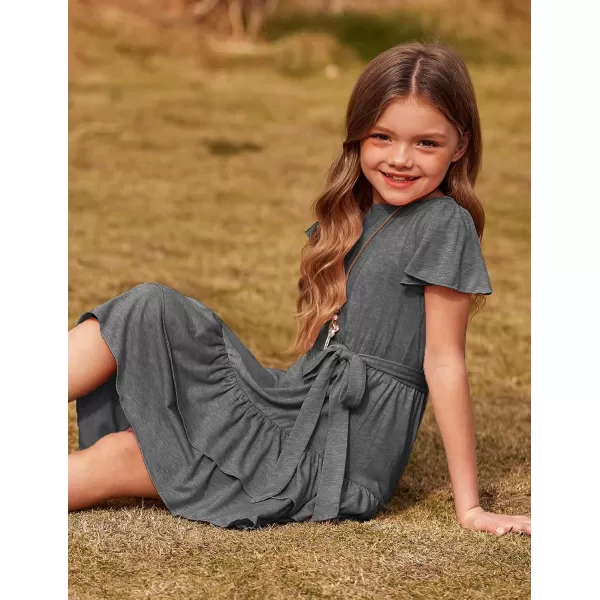 Arshiner Girls Dresses Loose Plain Casual Ruffle Swing Midi Dress with Belt for 5-14 Years