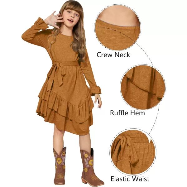 Arshiner Girls Dresses Loose Plain Casual Ruffle Swing Midi Dress with Belt for 5-14 Years