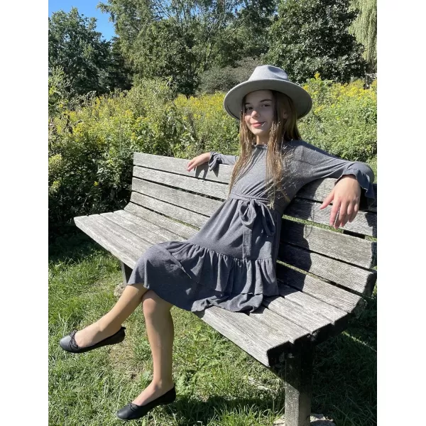 Arshiner Girls Dresses Loose Plain Casual Ruffle Swing Midi Dress with Belt for 5-14 Years