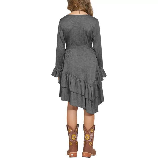 Arshiner Girls Dresses Loose Plain Casual Ruffle Swing Midi Dress with Belt for 5-14 Years