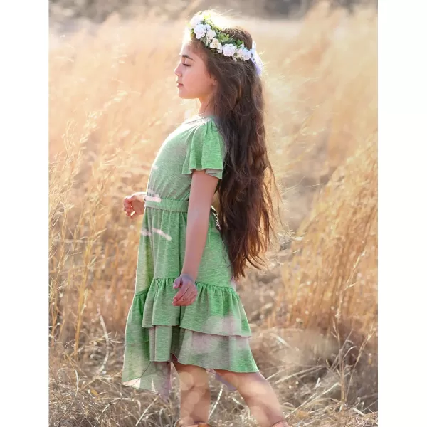 Arshiner Girls Dresses Loose Plain Casual Ruffle Swing Midi Dress with Belt for 5-14 Years