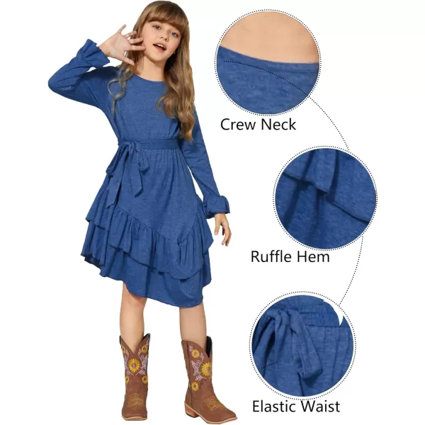 Arshiner Girls Dresses Loose Plain Casual Ruffle Swing Midi Dress with Belt for 5-14 Years