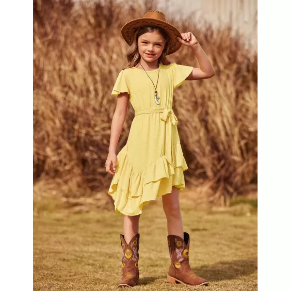 Arshiner Girls Dresses Loose Plain Casual Ruffle Swing Midi Dress with Belt for 5-14 Years