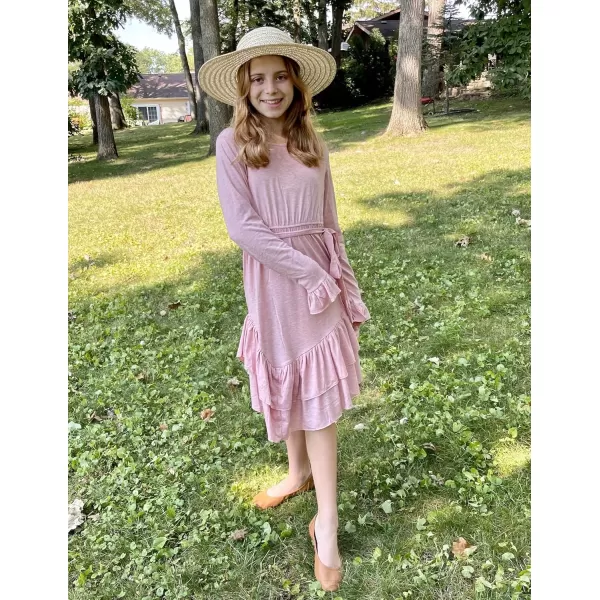 Arshiner Girls Dresses Loose Plain Casual Ruffle Swing Midi Dress with Belt for 5-14 Years