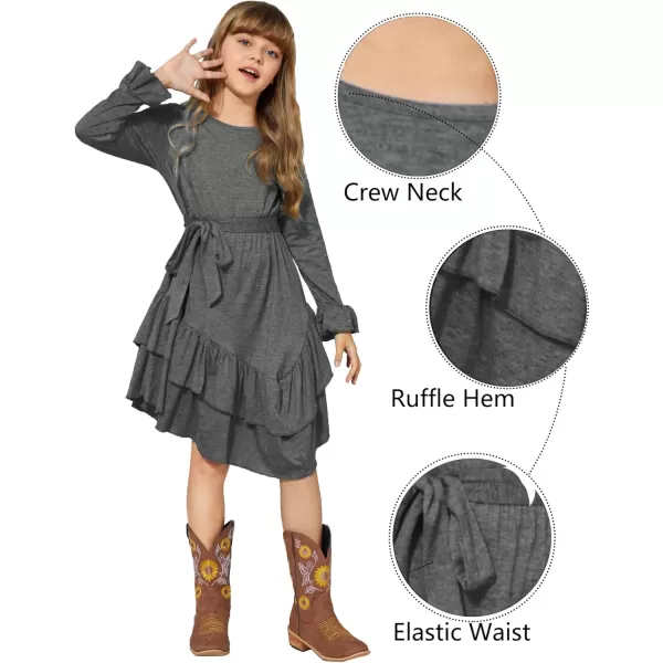 Arshiner Girls Dresses Loose Plain Casual Ruffle Swing Midi Dress with Belt for 5-14 Years