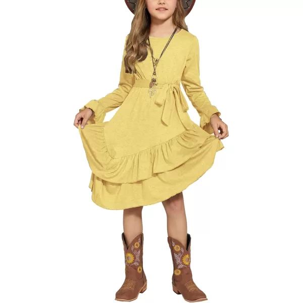 Arshiner Girls Dresses Loose Plain Casual Ruffle Swing Midi Dress with Belt for 5-14 Years