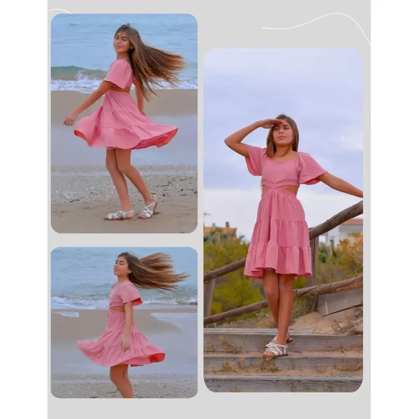 Arshiner Girls Dresses Square Neck Cut Out Shirred Party Cute Tween Dress
