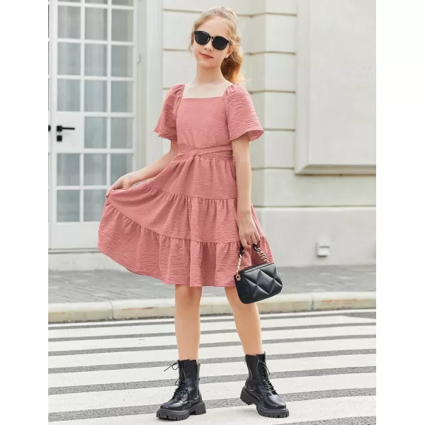 Arshiner Girls Dresses Square Neck Cut Out Shirred Party Cute Tween Dress