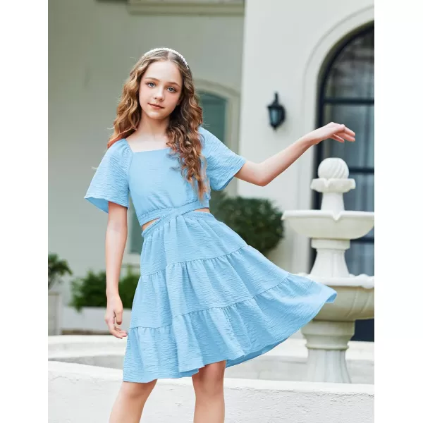 Arshiner Girls Dresses Square Neck Cut Out Shirred Party Cute Tween Dress