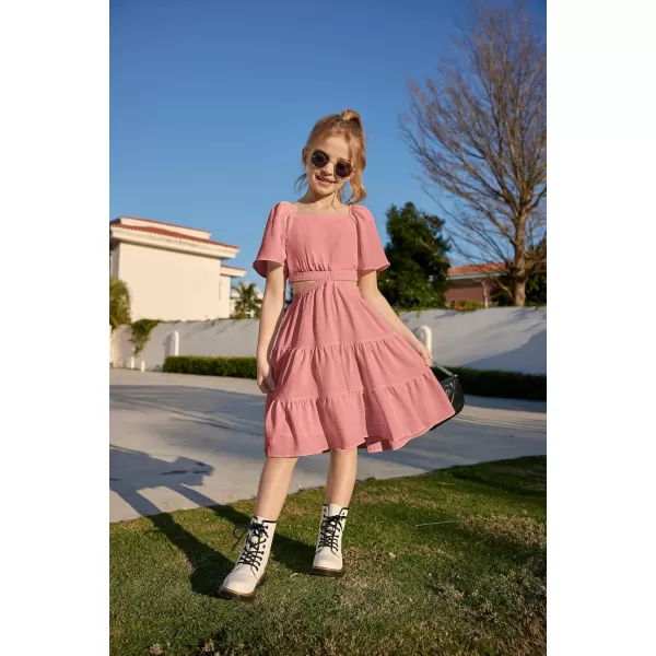 Arshiner Girls Dresses Square Neck Cut Out Shirred Party Cute Tween Dress
