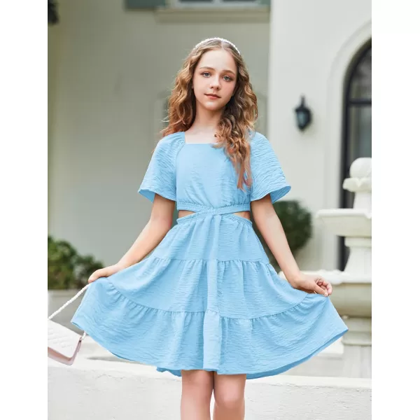 Arshiner Girls Dresses Square Neck Cut Out Shirred Party Cute Tween Dress