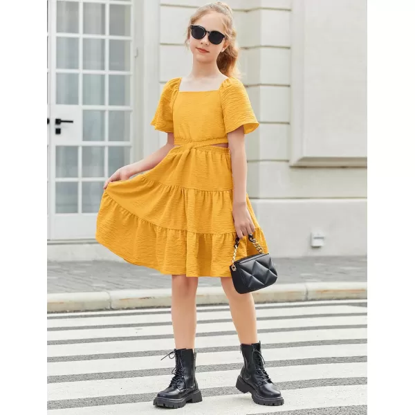 Arshiner Girls Dresses Square Neck Cut Out Shirred Party Cute Tween Dress