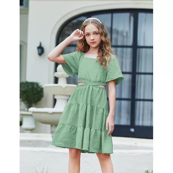 Arshiner Girls Dresses Square Neck Cut Out Shirred Party Cute Tween Dress