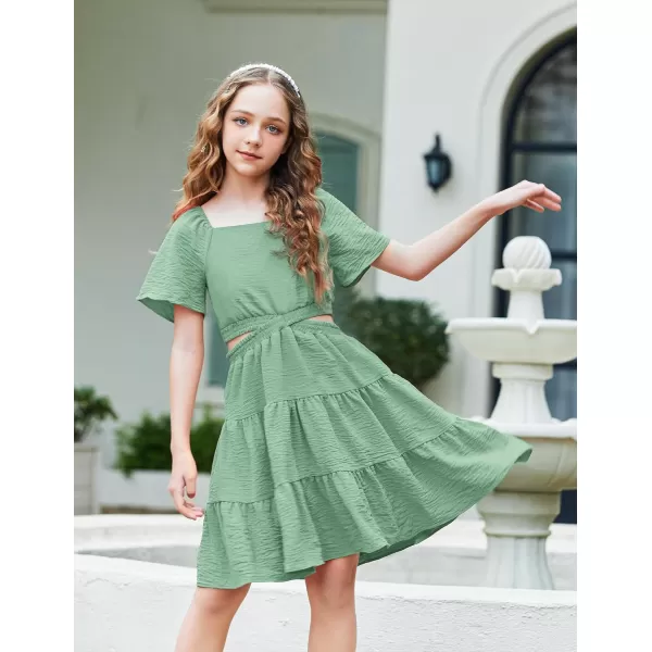 Arshiner Girls Dresses Square Neck Cut Out Shirred Party Cute Tween Dress