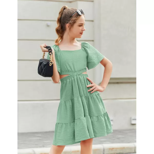Arshiner Girls Dresses Square Neck Cut Out Shirred Party Cute Tween Dress