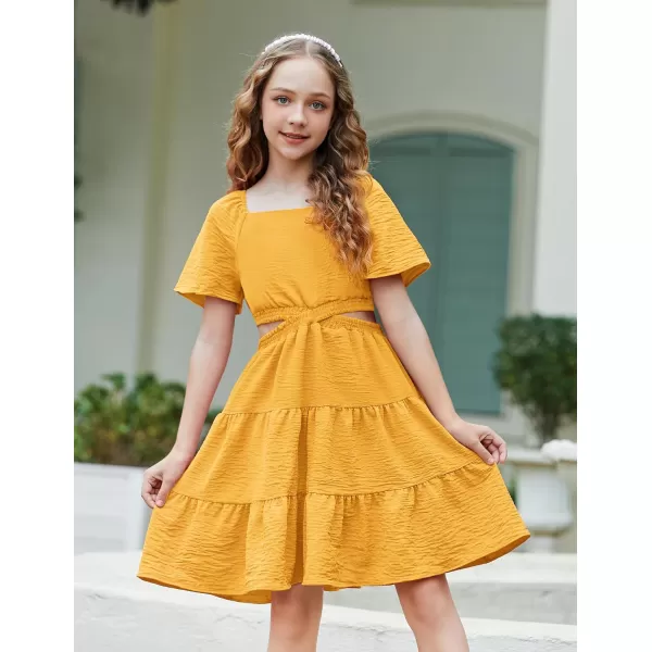 Arshiner Girls Dresses Square Neck Cut Out Shirred Party Cute Tween Dress