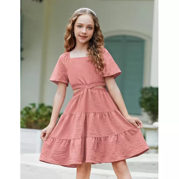 Arshiner Girls Dresses Square Neck Cut Out Shirred Party Cute Tween Dress