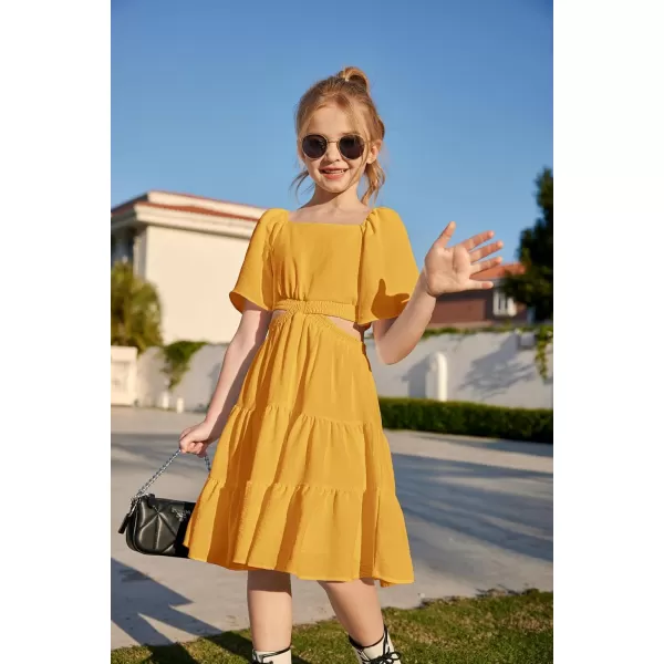 Arshiner Girls Dresses Square Neck Cut Out Shirred Party Cute Tween Dress