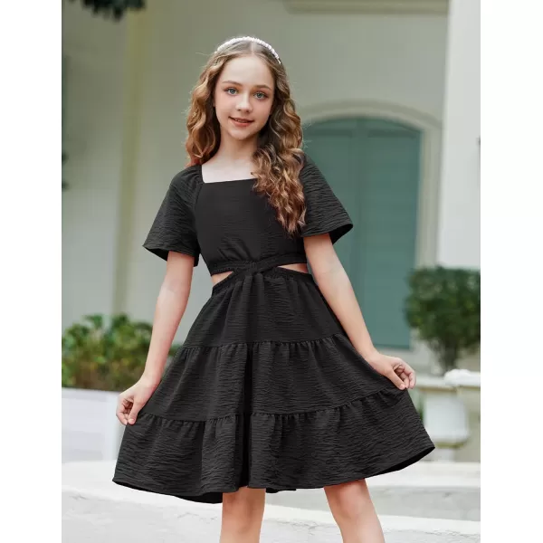 Arshiner Girls Dresses Square Neck Cut Out Shirred Party Cute Tween Dress