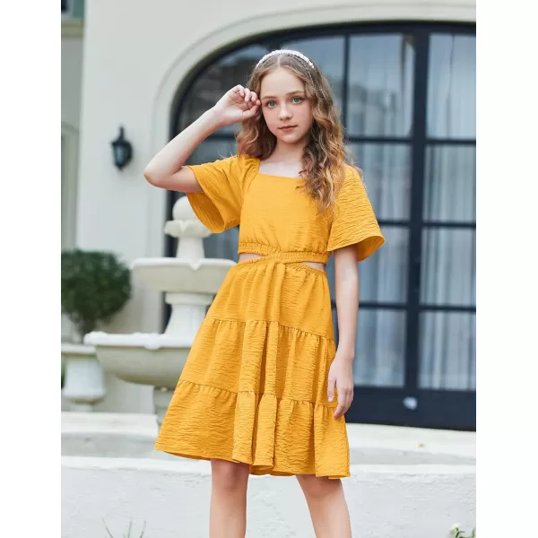 Arshiner Girls Dresses Square Neck Cut Out Shirred Party Cute Tween Dress
