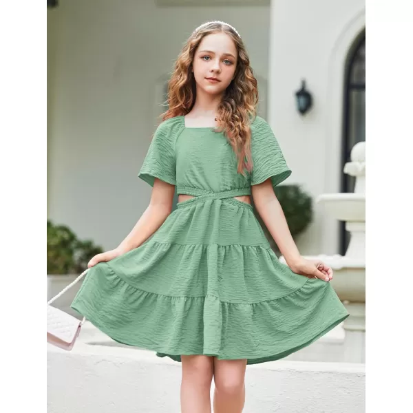 Arshiner Girls Dresses Square Neck Cut Out Shirred Party Cute Tween Dress