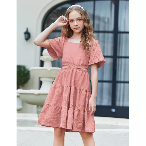 Arshiner Girls Dresses Square Neck Cut Out Shirred Party Cute Tween Dress