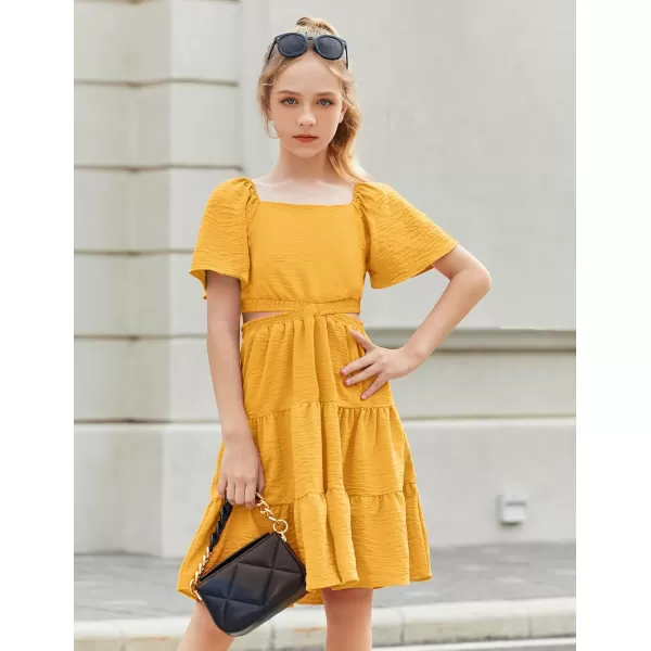 Arshiner Girls Dresses Square Neck Cut Out Shirred Party Cute Tween Dress
