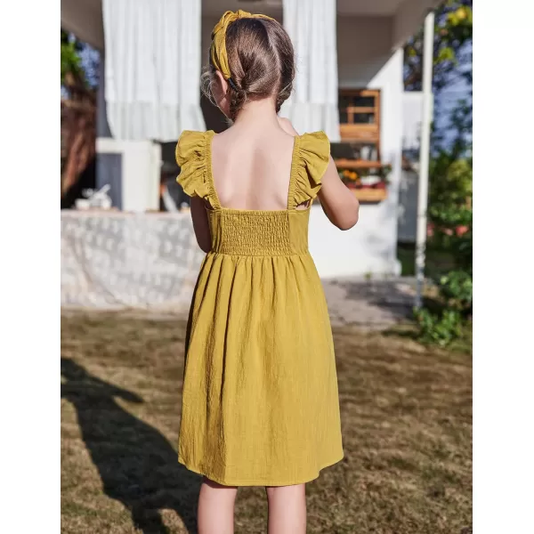 Arshiner Girls Linen Ruffle Backless Dress Flutter Sleeve A-Line Shirred Sundress for 4-12 Years Kids