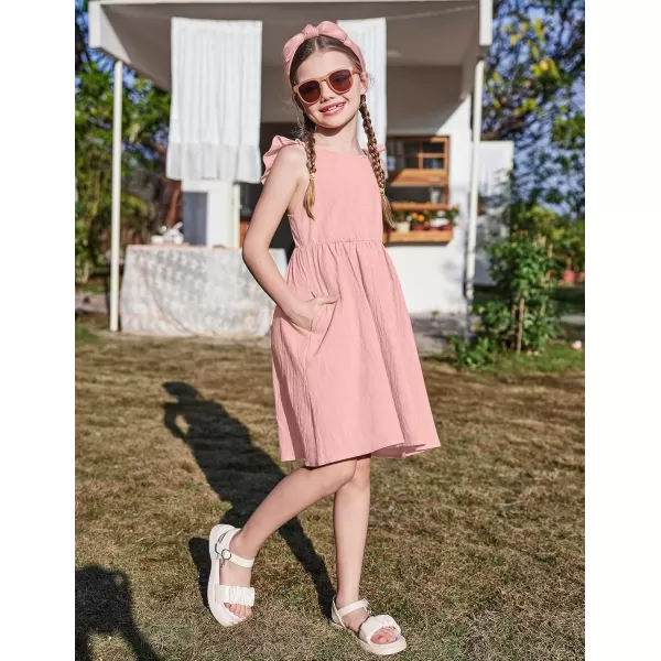 Arshiner Girls Linen Ruffle Backless Dress Flutter Sleeve A-Line Shirred Sundress for 4-12 Years Kids