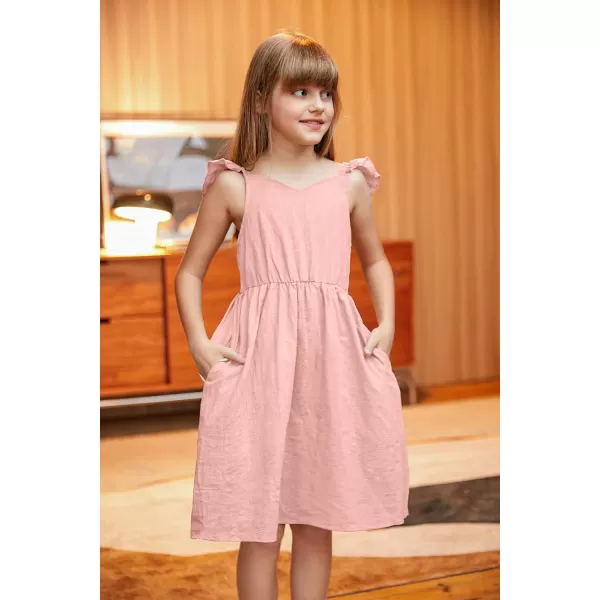 Arshiner Girls Linen Ruffle Backless Dress Flutter Sleeve A-Line Shirred Sundress for 4-12 Years Kids