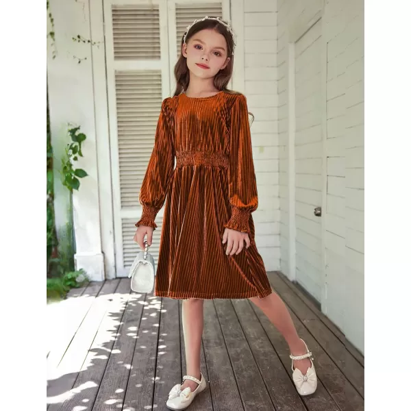 Arshiner Girls Long Sleeve Dress Velvet Crew Neck Midi Fall Vintage Plain Dress for Kids 4-13Y